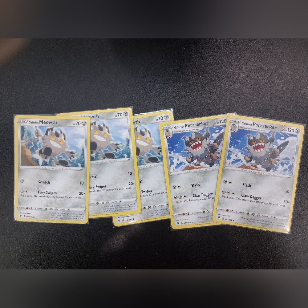 Pokemon Card Set - 3 Galarian Meowth & 2 Perrserker